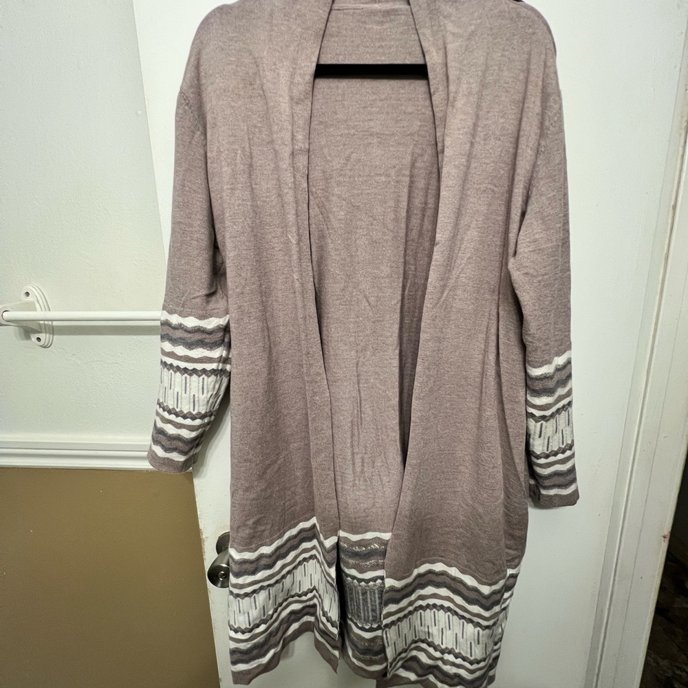 Roaman's Taupe and White Open Front Cardigan